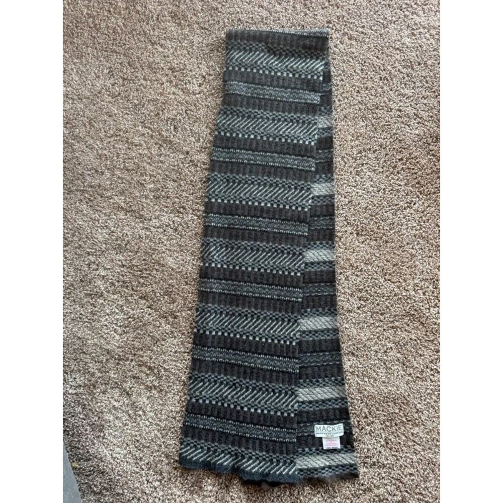 Robert Mackie of Scotland 100% Wool Scarf Knit Striped Charcoal Grey Brown 64"